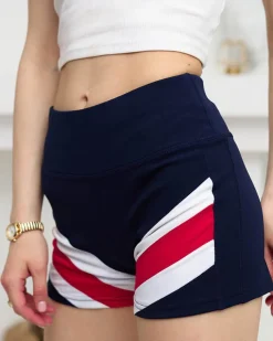 Royalfashion Granatowe krótkie spodenki z kolorową wstawką