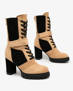 Royalfashion Jasnobrązowe damskie ocieplane botki na słupku Sehhra