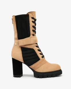 Royalfashion Jasnobrązowe damskie ocieplane botki na słupku Sehhra