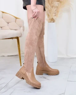 Royalfashion Jasnobrązowe damskie wsuwane kozaki za kolano Retamon