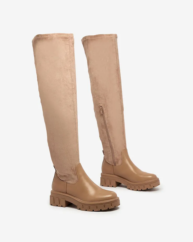 Royalfashion Jasnobrązowe damskie wsuwane kozaki za kolano Retamon