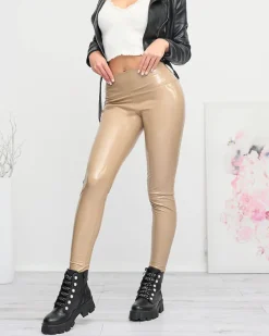 Royalfashion Jasnobrązowe damskie winylowe legginsy