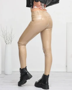 Royalfashion Jasnobrązowe damskie winylowe legginsy