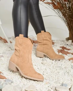 Royalfashion Jasnobrązowe damskie ocieplane botki typu kowbojki Bronco