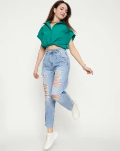 Royalfashion Jasnoniebieskie damskie spodnie jeansowe z dziurami