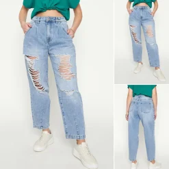 Royalfashion Jasnoniebieskie damskie spodnie jeansowe z dziurami