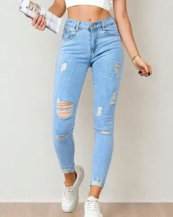 Royalfashion Jeansy damskie typu rurki z przetarciami