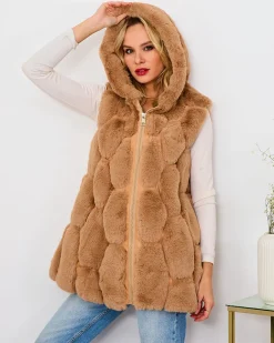 Royalfashion Kamizelka damska ze sztucznego futerka w kolorze brązowym