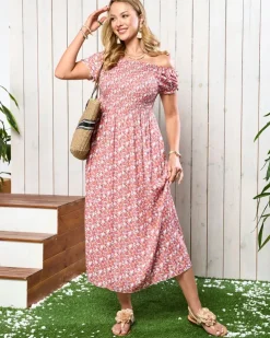 Royalfashion Koralowa damska sukienka midi z kwiecistym wzorem