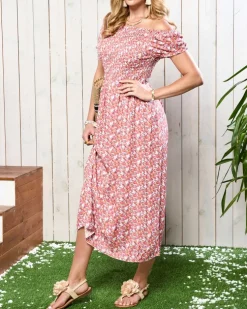 Royalfashion Koralowa damska sukienka midi z kwiecistym wzorem