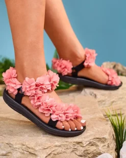 Royalfashion Koralowe sandały damskie z kwiatuszkami Alferroy