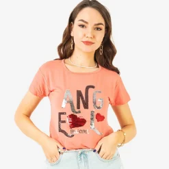 Royalfashion Koralowy damski t-shirt z napisem z cekinów