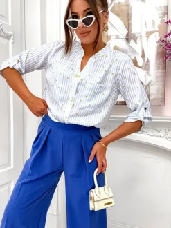 Royalfashion Koszula damska w paski i cytrynki z dekoltem w serek