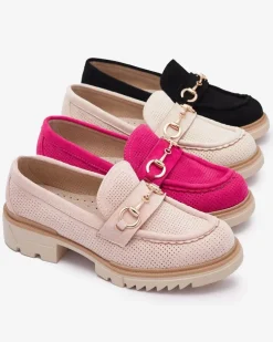 Royalfashion Kremowe ażurowe damskie mokasyny z łańcuszkiem Imerila