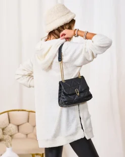 Royalfashion Kremowy długi sweter damski z kapturem