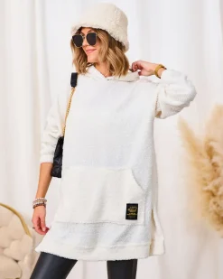 Royalfashion Kremowy długi sweter damski z kapturem