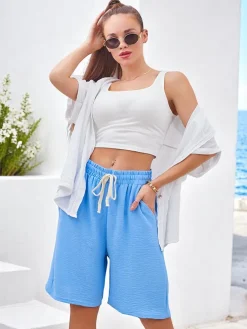 Royalfashion Krótkie spodenki damskie z gumką i troczkami w pasie do kolana