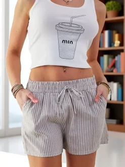 Royalfashion Krótkie spodenki damskie z gumką i troczkami w pasie we wzór w paski