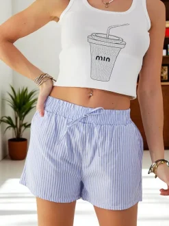 Royalfashion Krótkie spodenki damskie z gumką i troczkami w pasie we wzór w paski