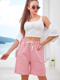 Royalfashion Krótkie spodenki damskie z gumką i troczkami w pasie do kolana