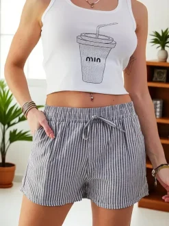 Royalfashion Krótkie spodenki damskie z gumką i troczkami w pasie we wzór w paski