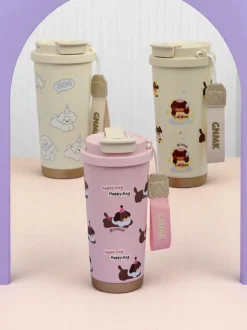 Royalfashion Kubek termiczny z koszyczkiem, słomką i ustnikiem Happy Dog