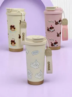 Royalfashion Kubek termiczny z koszyczkiem, słomką i ustnikiem Happy Dog