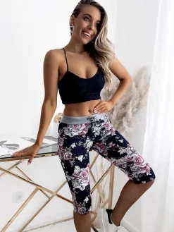 Royalfashion Kwiatowe spodenki damskie 3/4 w kolorze granatowo- koralowym