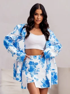 Royalfashion Kwiatowy damski komplet z wiązaną marynarką i spódnico- spodenkami