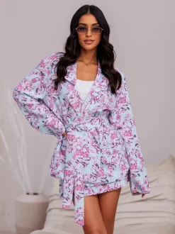 Royalfashion Kwiatowy damski komplet z wiązaną marynarką i spódnico- spodenkami