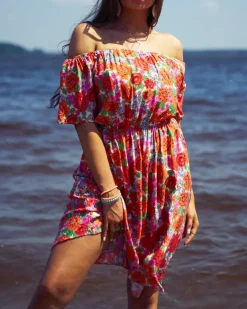 Royalfashion Kwiecista damska sukienka mini a'la hiszpanka w kolorze czerwonym