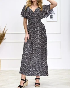 Royalfashion Kwiecista granatowa damska sukienka