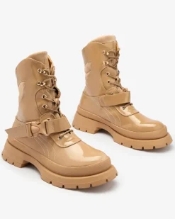 Royalfashion Lakierowane botki damskie w kolorze jasnobrązowym Setogy