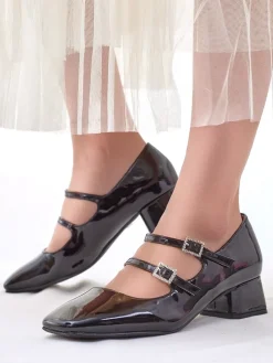 Royalfashion Lakierowane damskie czółenka na słupku z paseczkami Vible