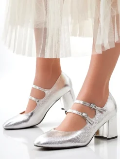 Royalfashion Lakierowane damskie czółenka na słupku z paseczkami Ovinna