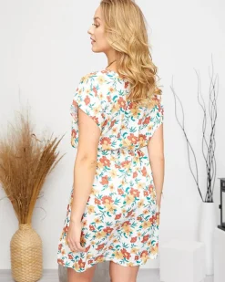 Royalfashion Letnia damska biała sukienka w kwiaty
