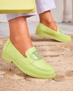 Royalfashion Limonkowe mokasyny damskie z ozdobą Fogras