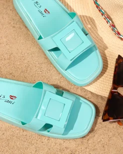 Royalfashion Miętowe damskie klapki z ozdobą Zegora