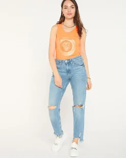 Royalfashion Neonowa pomarańczowa bluzka na ramiączkach z printem i cyrkoniami