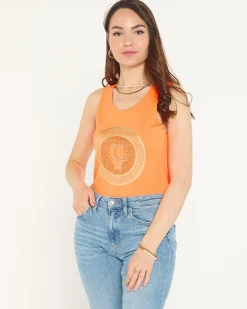 Royalfashion Neonowa pomarańczowa bluzka na ramiączkach z printem i cyrkoniami