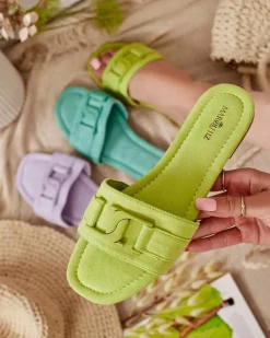 Royalfashion Neonowe zielone damskie klapki z klamerką Rydr