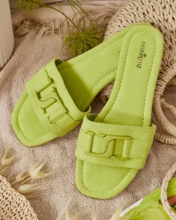 Royalfashion Neonowe zielone damskie klapki z klamerką Rydr