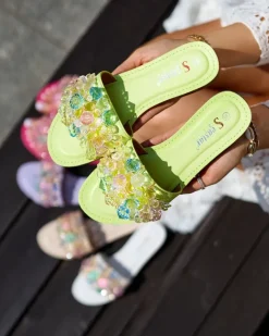 Royalfashion Neonowe zielone damskie klapki z kolorowymi kryształkami Bling Breeze