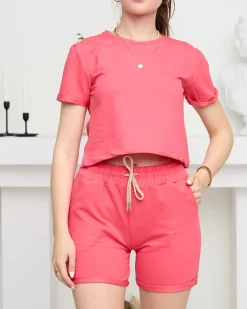 Royalfashion Neonowy różowy damski bawełniany sportowy komplet dresowy