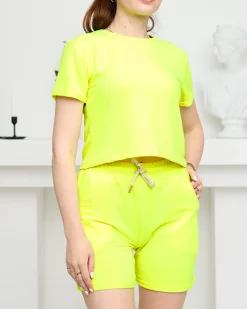 Royalfashion Neonowy żółty damski bawełniany sportowy komplet dresowy