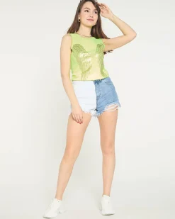 Royalfashion Neonowy żółty damski top ze złotym nadrukiem skrzydeł