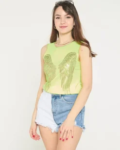 Royalfashion Neonowy żółty damski top ze złotym nadrukiem skrzydeł