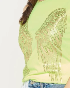 Royalfashion Neonowy żółty damski top ze złotym nadrukiem skrzydeł