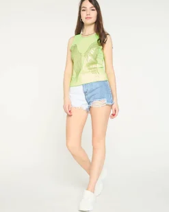 Royalfashion Neonowy zielony damski top ze złotym nadrukiem skrzydeł