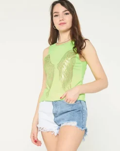 Royalfashion Neonowy zielony damski top ze złotym nadrukiem skrzydeł